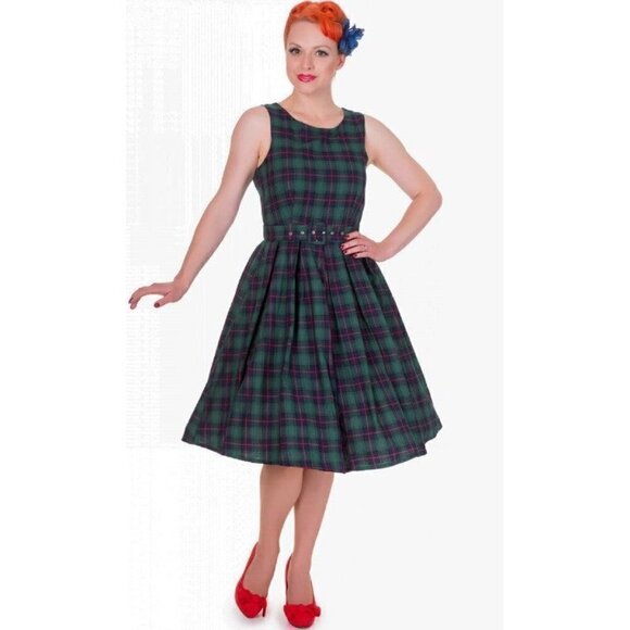 Dolly & Dotty Annie Retro Check Swing Dress in Dark Green and Blue - Picture 2 of 5